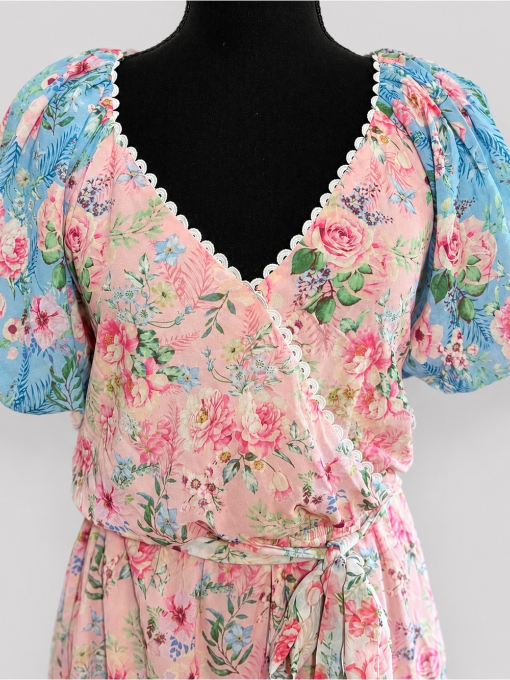 Lovecolette Floral Dress Sz L Pink Blue Cottagecore Puff Sleeve Coquette Mini - Picture 3 of 10